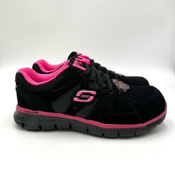 Skechers Womens Size 6.5 Synergy Sandlot Alloy Toe Black Pink Work Safety Shoes - Picture 2 of 16